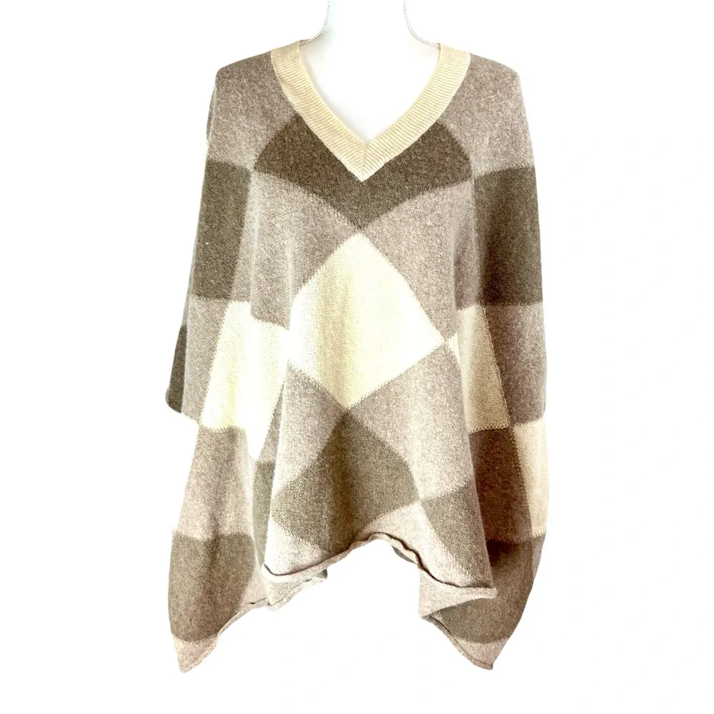 BOSTON PROPER Tan Cream Patchwork Poncho One Sz Lambswool Fall Pullover‎ Casual